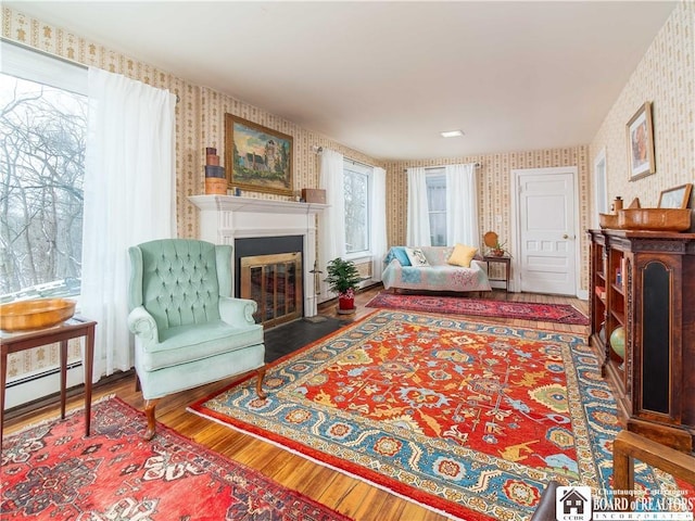 living area featuring wood-type flooring and baseboard heating