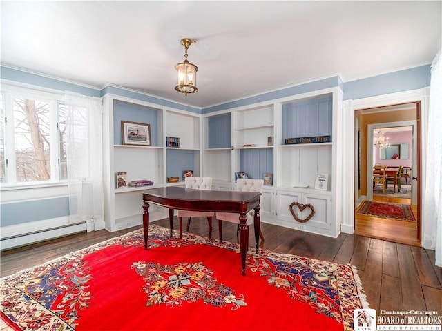 office space featuring a baseboard radiator and dark hardwood / wood-style flooring