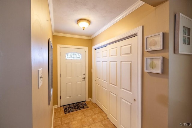 doorway to outside featuring crown molding