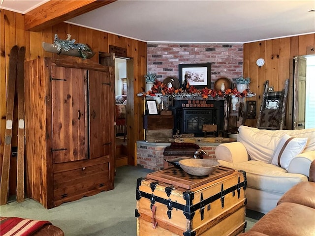 living room featuring light carpet and wooden walls
