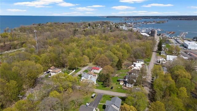 birds eye view of property featuring a water view and a forest view