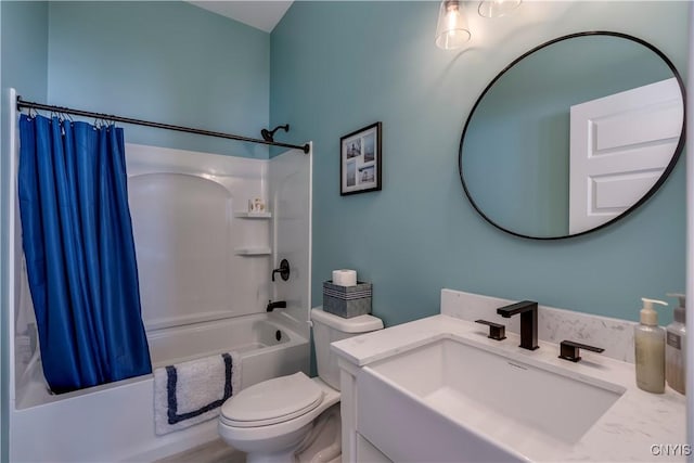 bathroom with vanity, shower / bathtub combination with curtain, and toilet