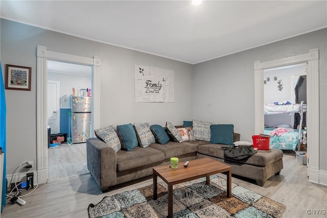 living room with ornamental molding and light hardwood / wood-style floors