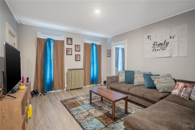 living room featuring hardwood / wood-style floors and radiator heating unit