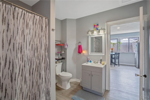 bathroom with vanity, wood-type flooring, and toilet