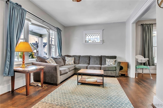 living room with dark hardwood / wood-style floors