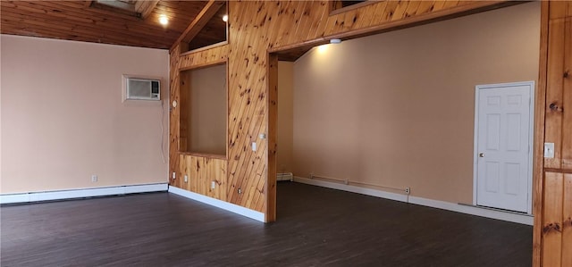 spare room featuring vaulted ceiling with beams, a wall mounted air conditioner, wooden walls, and wooden ceiling