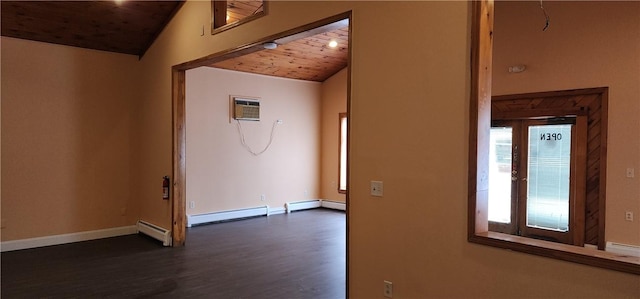 corridor featuring a baseboard radiator, dark hardwood / wood-style floors, and vaulted ceiling