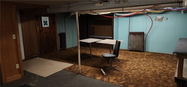 basement with radiator heating unit and wood walls