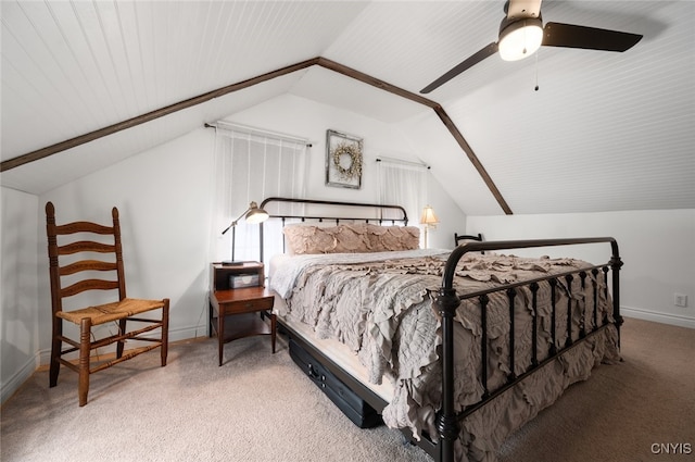 bedroom with lofted ceiling, carpet, and ceiling fan