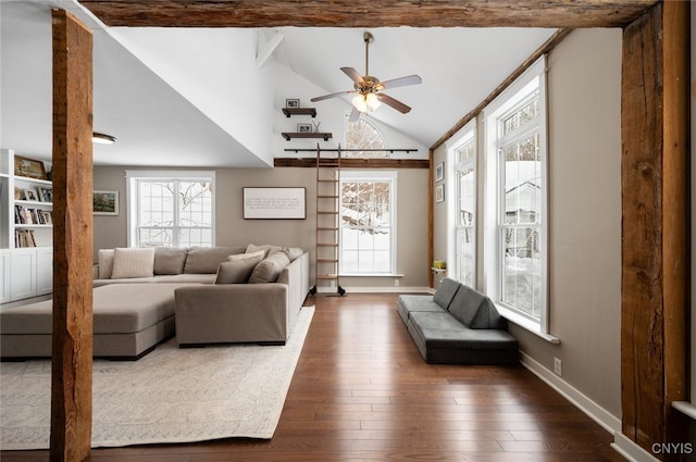 living room featuring high vaulted ceiling, hardwood / wood-style floors, and ceiling fan