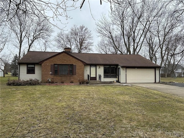 ranch-style house with driveway, a front lawn, an attached garage, brick siding, and a chimney