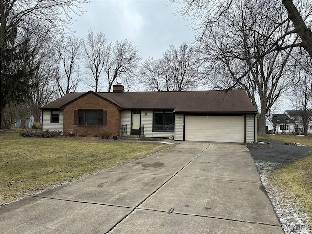 ranch-style home with an attached garage, brick siding, concrete driveway, a chimney, and a front yard