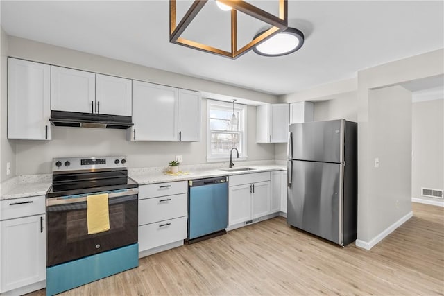 kitchen featuring stainless steel appliances, white cabinetry, sink, and light wood-type flooring