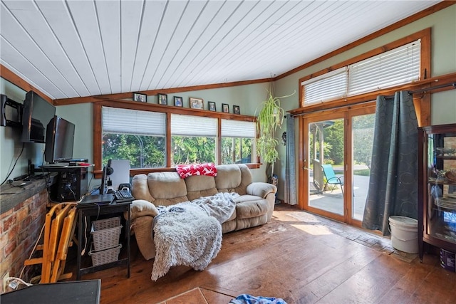 living room featuring lofted ceiling, hardwood / wood-style floors, and wooden ceiling