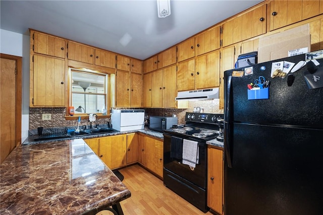 kitchen with light hardwood / wood-style flooring, sink, decorative backsplash, and black appliances