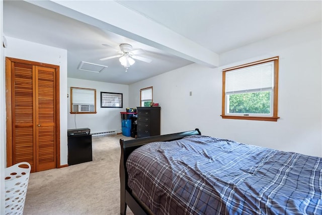 carpeted bedroom featuring beamed ceiling, a baseboard radiator, ceiling fan, and a closet