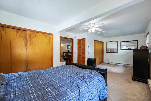 carpeted bedroom with cooling unit, a baseboard heating unit, ceiling fan, multiple closets, and beam ceiling