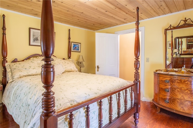 bedroom with crown molding, wooden ceiling, and dark hardwood / wood-style flooring