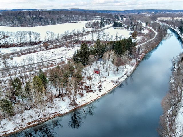 snowy aerial view featuring a water view