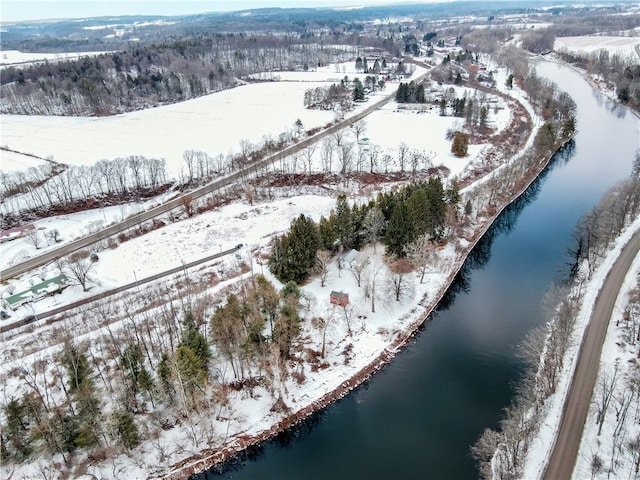 snowy aerial view with a water view