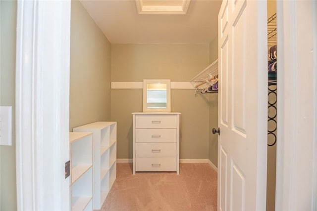 spacious closet featuring light carpet