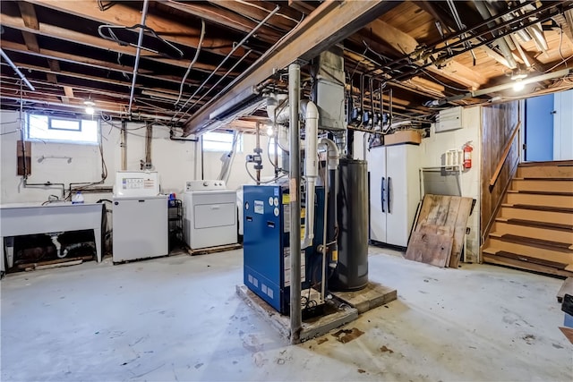 basement with separate washer and dryer, sink, and water heater