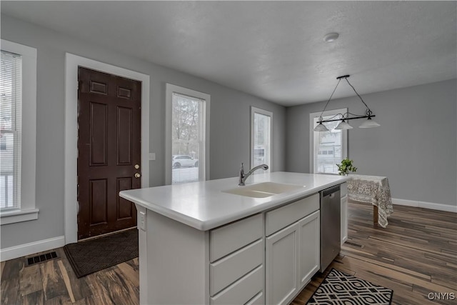 kitchen featuring sink, hanging light fixtures, an island with sink, white cabinets, and stainless steel dishwasher