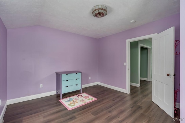 interior space with vaulted ceiling and dark wood-type flooring