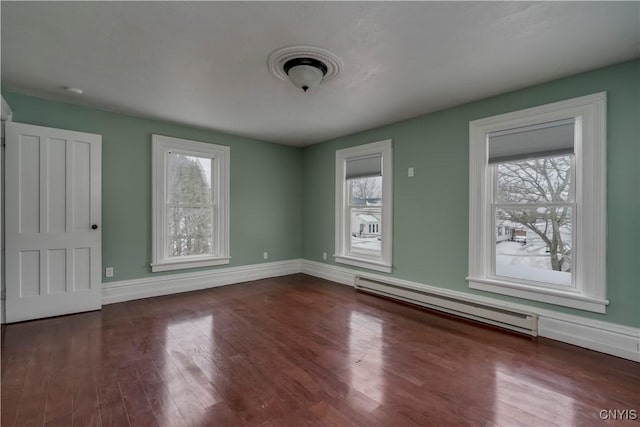 interior space with a baseboard radiator and dark hardwood / wood-style floors