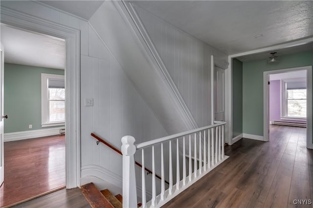 corridor featuring dark hardwood / wood-style floors and baseboard heating