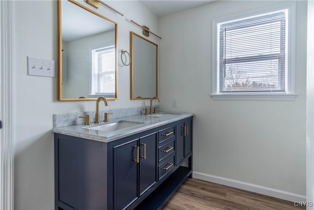 bathroom with hardwood / wood-style flooring and vanity