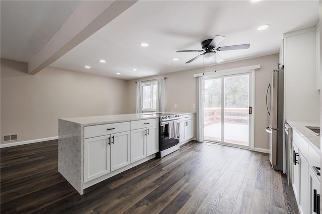 kitchen with ceiling fan, white cabinetry, stainless steel appliances, dark hardwood / wood-style floors, and light stone countertops