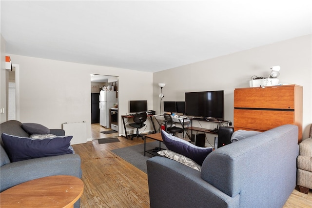 living room featuring radiator heating unit and light hardwood / wood-style floors