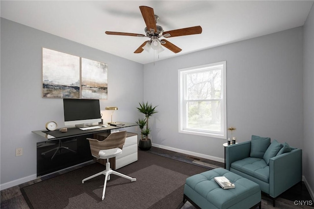 office featuring ceiling fan and dark hardwood / wood-style floors