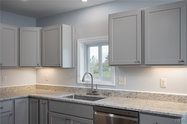 kitchen featuring gray cabinets, dishwasher, and sink