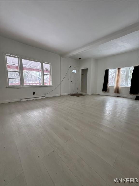 unfurnished room featuring a wealth of natural light, light hardwood / wood-style floors, and baseboard heating