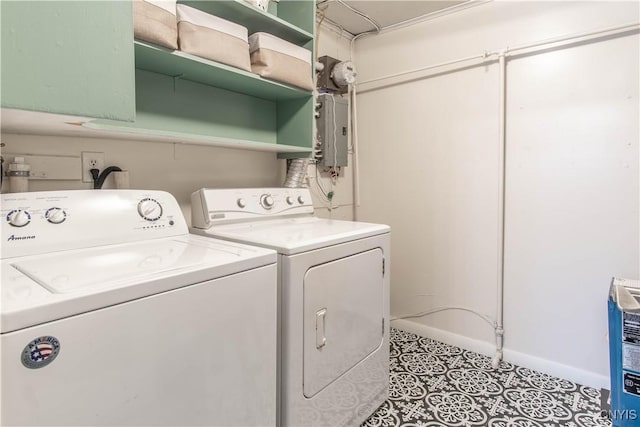 clothes washing area featuring heating unit, washing machine and dryer, and electric panel