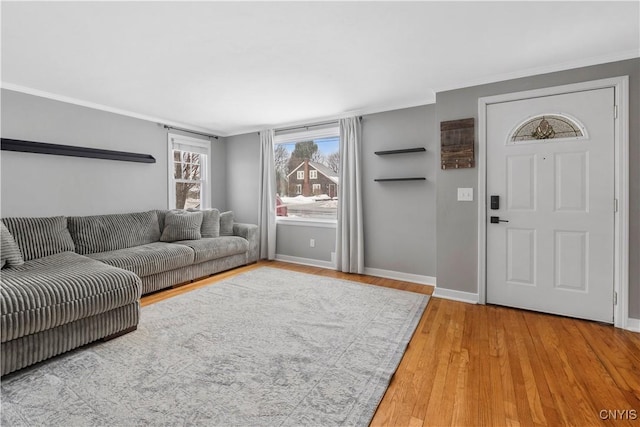 living room featuring crown molding and light hardwood / wood-style flooring