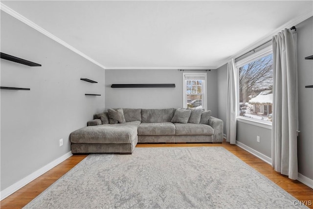 living room featuring light hardwood / wood-style flooring and ornamental molding