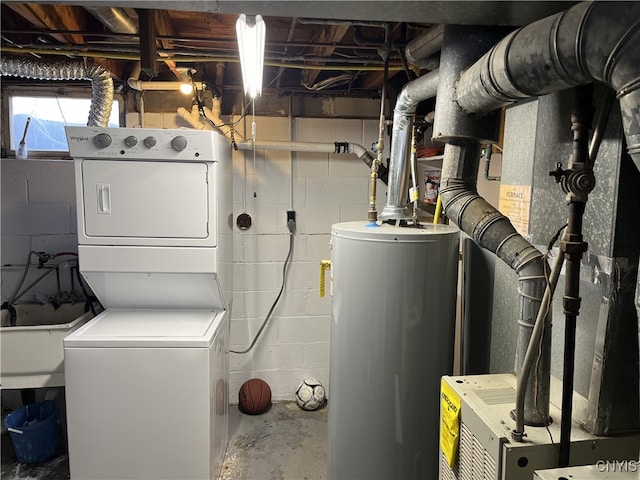 utility room featuring stacked washer and dryer, gas water heater, and sink