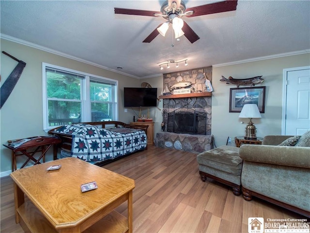 living room featuring ornamental molding, a fireplace, and hardwood / wood-style floors