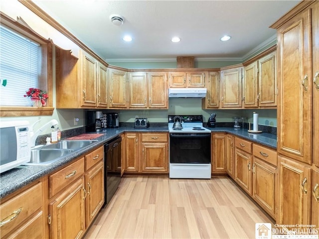 kitchen with sink, electric range oven, black dishwasher, ornamental molding, and light hardwood / wood-style floors