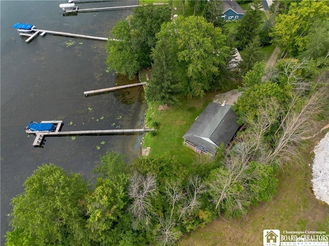 drone / aerial view with a water view