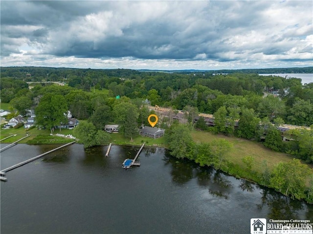 drone / aerial view featuring a water view