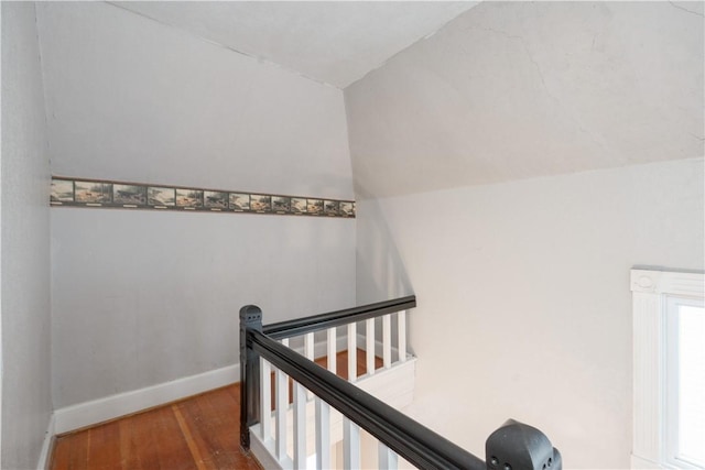 staircase with lofted ceiling and wood-type flooring