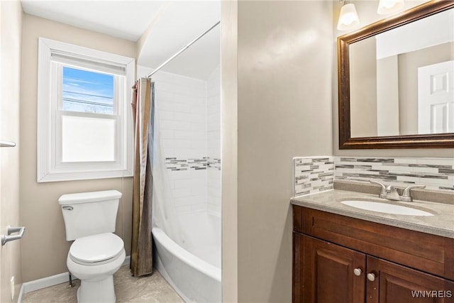 full bathroom featuring tasteful backsplash, tile patterned flooring, vanity, toilet, and shower / bath combo