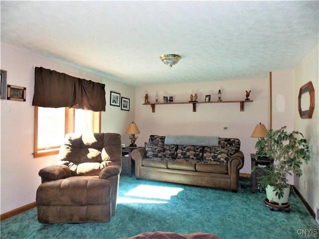 carpeted living room with a textured ceiling