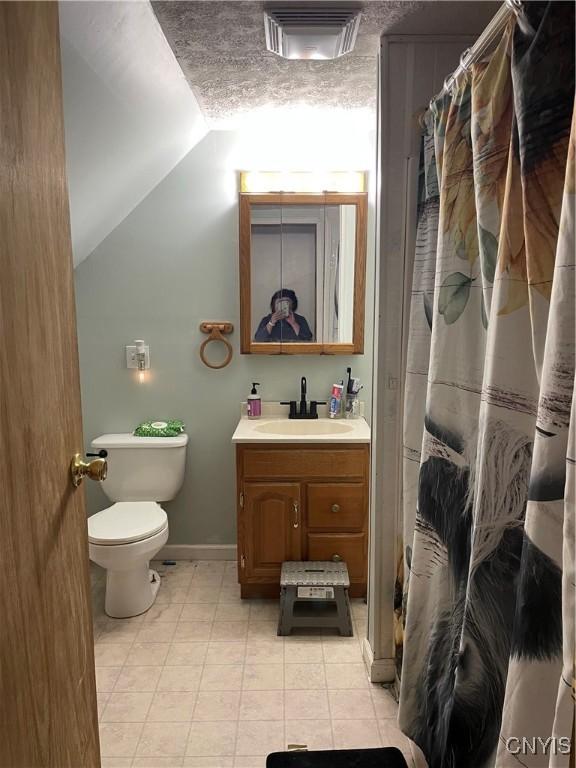 bathroom with vanity, vaulted ceiling, a shower with shower curtain, and toilet