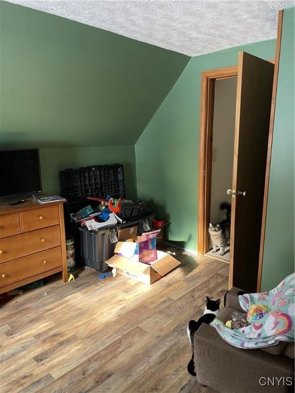 bonus room with vaulted ceiling, a textured ceiling, and light hardwood / wood-style floors
